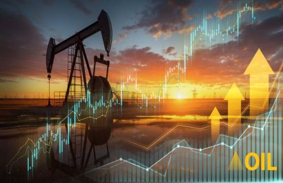 Oil pump jack silhouette with financial graphs at sunset symbolizing energy market growth