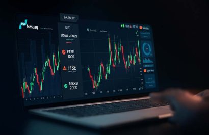 A dashboard with global stock market indices, including Nasdaq, Dow Jones, FTSE 100, and Nikkei 225