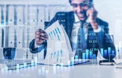 Handsome African American salesperson at investment bank is contacting with a client to invest in a new financial product to gain profit by checking fresh analytics report. Buy or sell stock concept