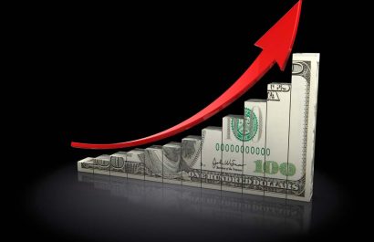 3d illustration of rising dollar chart over black background