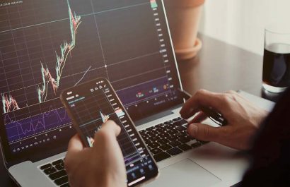 stocktrader analyzing profit opportunity investing bitcoin. trader analyzing stock trading graph phone app. investment stockbroker profit analysis. Trade graph chart.