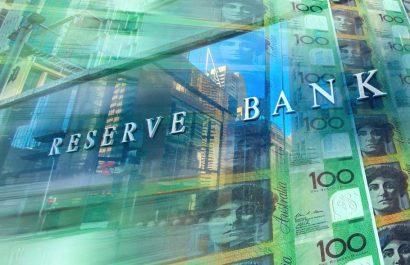 Collage illustration of text reading Reserve Bank, cityscape and hundred dollar notes