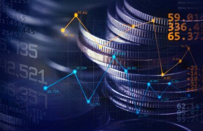 Double exposure image of coin stacks on technology financial graph background.Economy trends background for business ,financial meltdown ,Cryptocurrency digital economy.