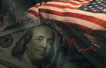 Stock market trading graph in red color economy. usa flag dollar bill background. Trading trends and economic development. Effect of recession on US economy. Stock crash market exchange loss trading