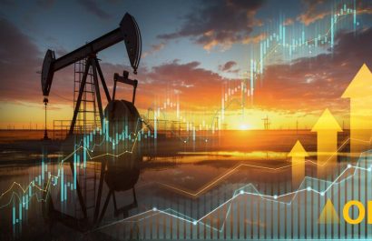 Oil pump jack silhouette with financial graphs at sunset symbolizing energy market growth