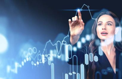 Woman finger touch virtual screen with forex stock market hologram, lines dynamics and candlesticks. Concept of online trading, financial consulting and investment