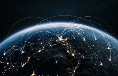 Night planet earth from space with light lines of communication and connection. Business and finance, concept.  Global communications system and the World Wide Web. Technologies and communications.