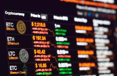 New york, USA - July 14, 2017: Bitcoin exchange to dollar rate on monitor display. Cryptocurrency invest chart